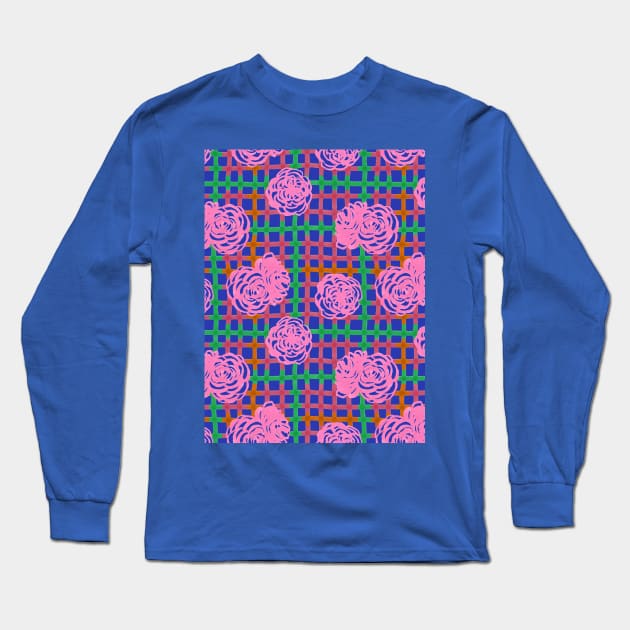 Roses on Plaid Pattern - Blue Long Sleeve T-Shirt by MitaDreamDesign